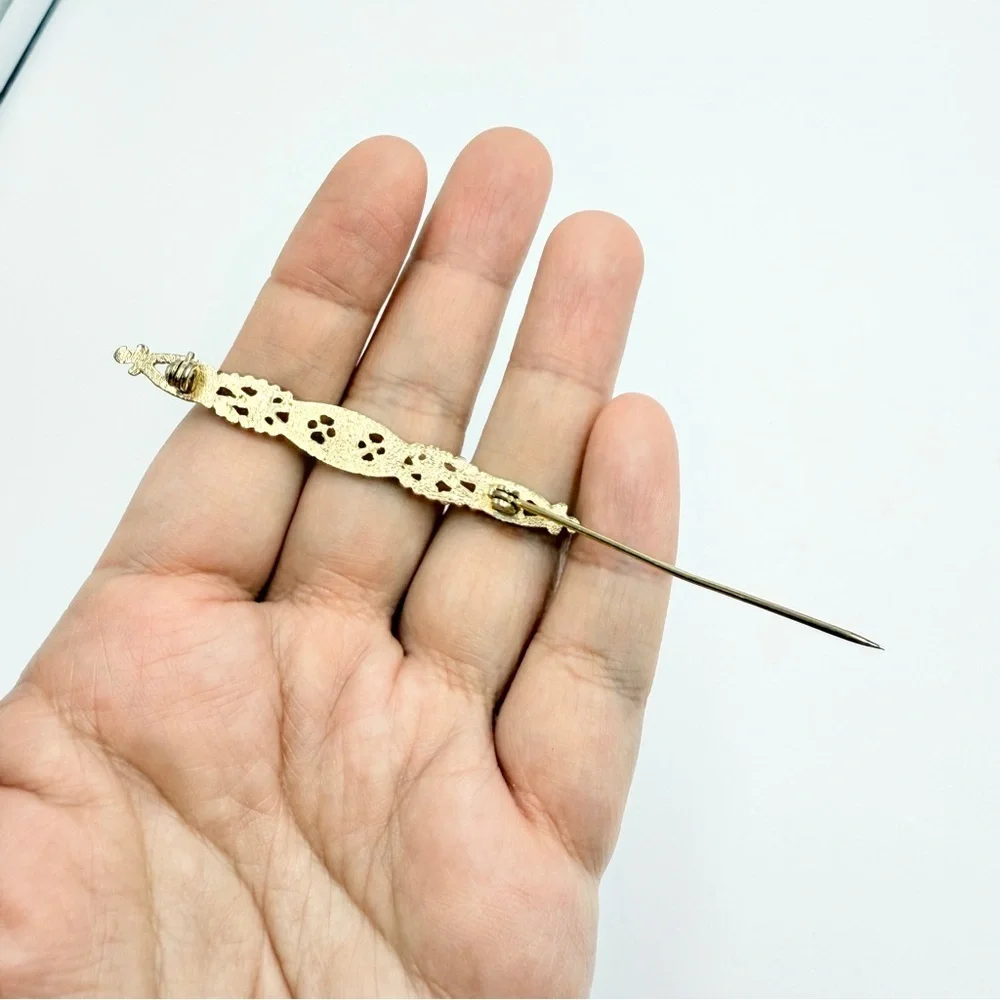 Vintage Bar Brooch – Gold Tone with Faux Pearls & Crystal Stones - Picture 7 of 7